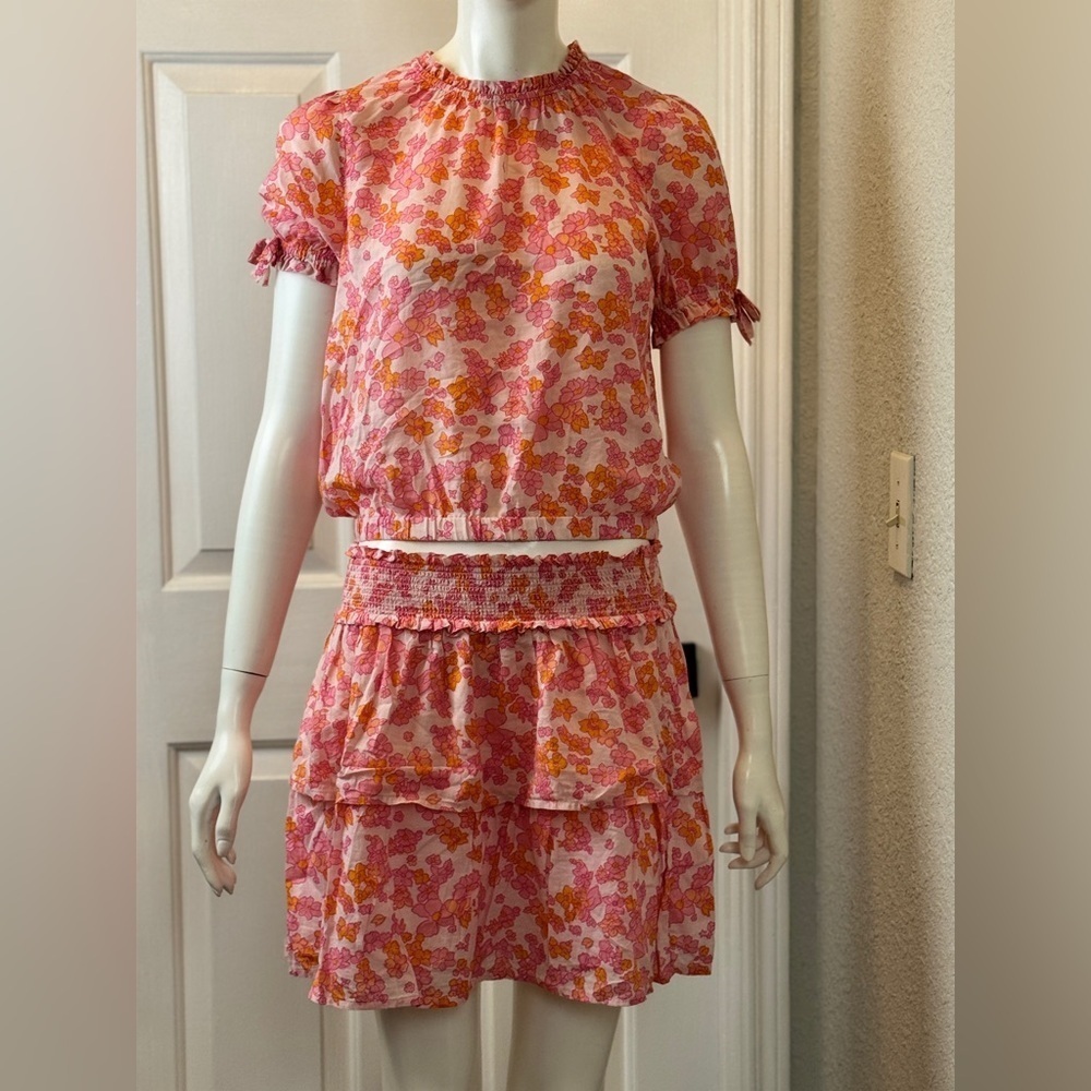 Vineyard Vines 100% Cotton Coquette Pink and Orange Floral Blouse/Skirt Set L/XL